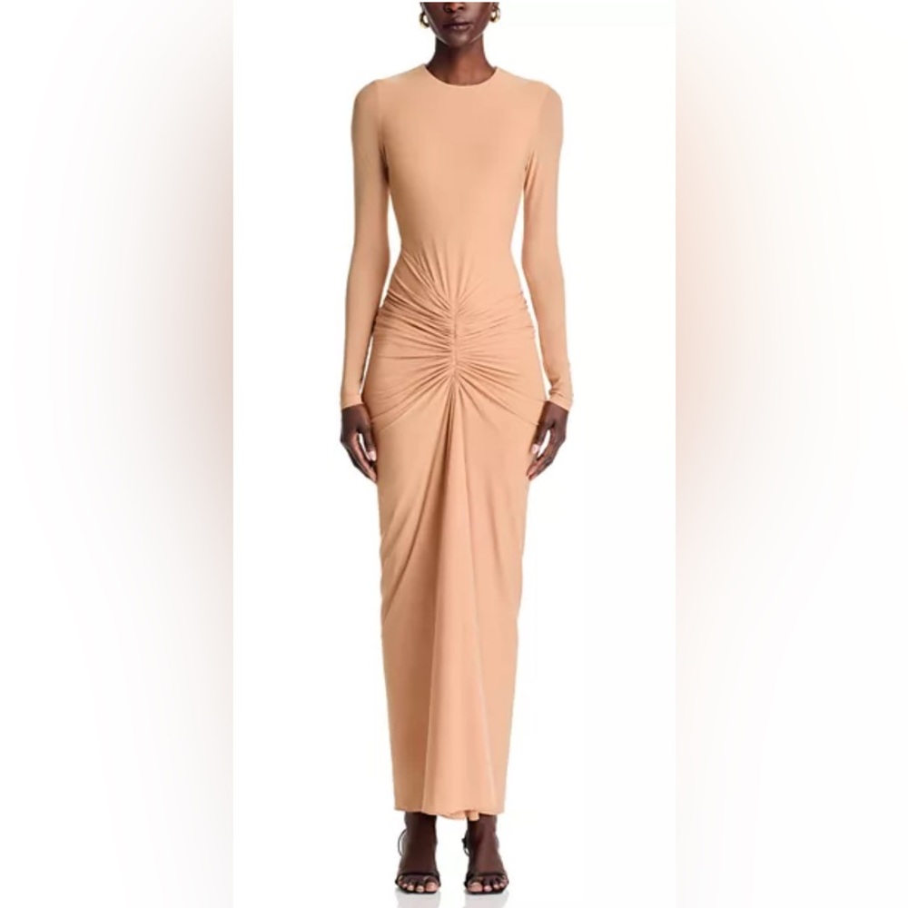 Ronny Kobo Collection Long Sleeve Ruched Maxi Dress in Nude
